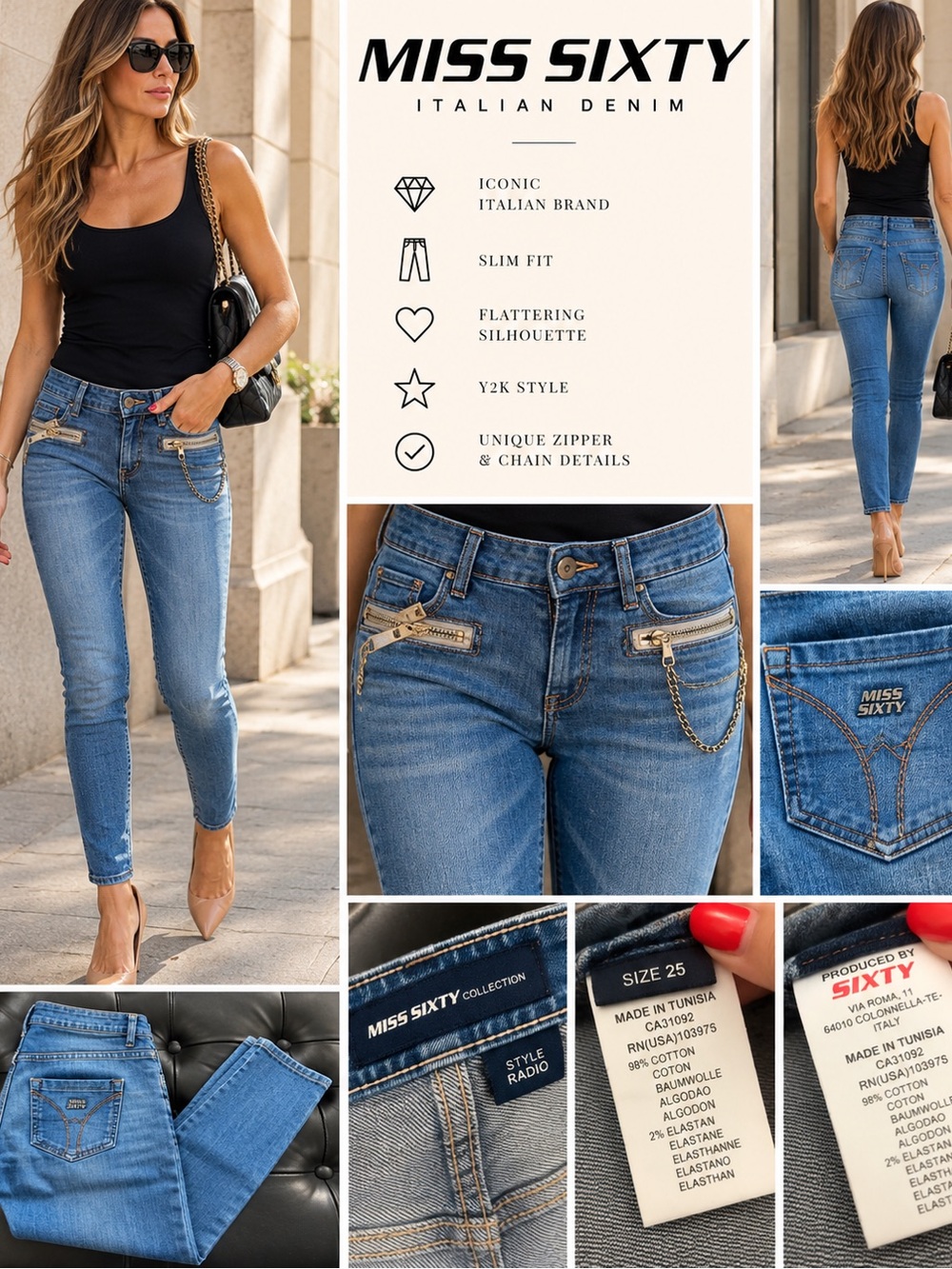 Miss Sixty Light Blue High-Rise Slim Jeans with Chain Detail
